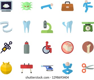 Color flat icon set weighing machine flat vector, syringe, disabled, virus, microscope, briefcase, ultrasound, helicopter, embryo, caries, broken tooth, bone fracture, centimeter, pear, fitball