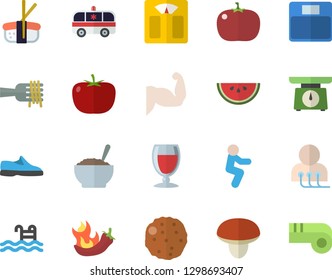 Color flat icon set weighing machine flat vector, mushroom, tomato, watermelon, spaghetti on a fork, porridge, cutlet, hot peppers, sashimi, wine, ambulance, diagnostics, sneakers, muscles, squats