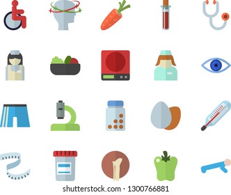 Color flat icon set weighing machine flat vector, egg, salad, bell pepper, carrot, vial, blood test, disabled, stethoscope, microscope, eye, headache, nurse, bone fracture, centimeter, vitamins
