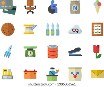 Color flat icon set weighing machine flat vector, biscuit, canned food, ice cream, fertilizer vectory, tulip, accumulator, carbon dioxide, credit card, cash, disabled, ampoule, abacus, office chair