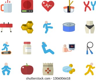 Color flat icon set weighing machine flat vector, canned food, tomato, sashimi, tea, honeycomb, seeds, pills, diagnostics, chromosomes, heartbeat, waistline, vitamins, skipping rope, Treadmill, run