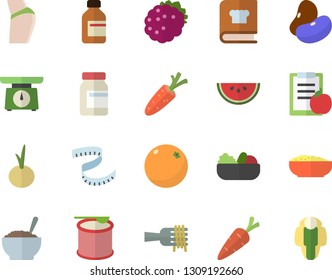 Color flat icon set weighing machine flat vector, cookbook, legumes, watermelon, spaghetti on a fork, salad, porridge, onion, blackberry, orange, carrot, vial, diet, centimeter, buttocks, vitamins