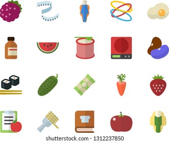 Color flat icon set weighing machine flat vector, cookbook, spaghetti, legumes, watermelon, on a fork, carrot, tomato, cucumber, fish rolls, scrambled eggs, Strawberry, blackberry, vial, diet, hoop