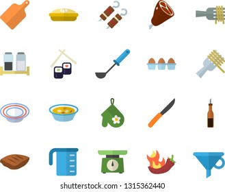 Color flat icon set weighing machine flat vector, meashuring cup, potholder, ladle, knives, cutting board, spice, sauce, egg, spaghetti on a fork, dish, soup, pie, ham, chop, shashlik, hot peppers