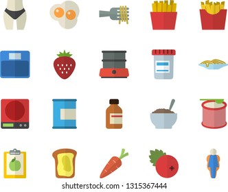 Color flat icon set weighing machine flat vector, double boiler, spaghetti on a fork, porridge, French fries, scrambled eggs, cranberry, Strawberry, sandwich, carrot, vial, diet, waistline, proteins