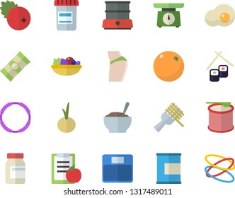 Color flat icon set weighing machine flat vector, double boiler, spaghetti, on a fork, salad, porridge, onion, fish rolls, scrambled eggs, cranberry, orange, vial, diet, buttocks, vitamins, proteins