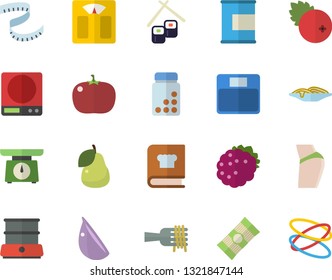 Color flat icon set weighing machine flat vector, double boiler, cookbook, spaghetti, on a fork, garlic, tomato, fish rolls, cranberry, blackberry, pear, centimeter, buttocks, vitamins, proteins