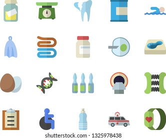 Color flat icon set weighing machine flat vector, towel, egg, pool, disabled, medical analysis, ambulance, ampoule, tomograph, artificial insemination, broken tooth, dna, vitamins, carpal expander