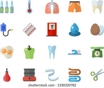 Color flat icon set weighing machine flat vector, towel, double boiler, egg, bell pepper, scrambled eggs, thermometer, drop, pill packaging, medical warmer, ampoule, tooth, dental crowns, lungs