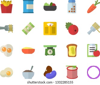 Color flat icon set weighing machine flat vector, spaghetti, legumes, on a fork, salad, porridge, French fries, scrambled eggs, cranberry, sandwich, carrot, diet, vitamins, proteins, steroids, hoop
