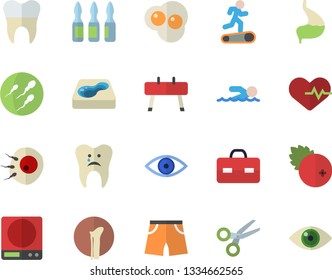 Color flat icon set weighing machine flat vector, scrambled eggs, cranberry, pool, briefcase, eye, ampoule, sperm, artificial insemination, caries, dental crowns, bone fracture, stomach, heartbeat