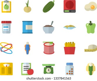 Color flat icon set weighing machine flat vector, spaghetti, porridge, onion, bell pepper, cucumber, French fries, scrambled eggs, vial, diet, centimeter, vitamins, proteins, steroids, hoop, size
