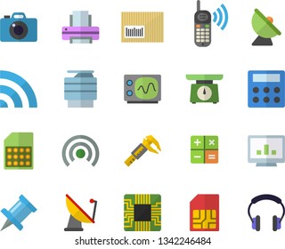 Color flat icon set weighing machine flat vector, trammel, satellite antenna, motherboard, SIM card, phone call, barcode, calculator, computer chart, printer, copy, oscilloscope, broadcast, camera