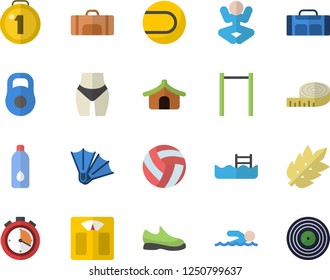 Color flat icon set weight flat vector, medal, sneakers, volleyball, weighing machine, centimeter, waistline, stopwatch, parallel bars, tennis ball, yoga, swimming, water, pool, sport bag, flippers