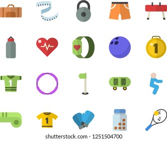 Color flat icon set weight flat vector, medal, bowling ball, skateboard, heartbeat, centimeter, vitamins, sports equipment horse, pear, athletic shorts, flag, boxing gloves, sport T shirt, squats