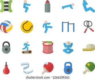 Color flat icon set weight flat vector, volleyball, centimeter, skipping rope, carpal expander, parallel bars, sports pear, tennis ball, yoga, Treadmill, gymnastics, squats, push up, swing press