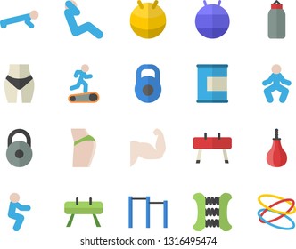 Color flat icon set weight flat vector, muscles, buttocks, waistline, carpal expander, parallel bars, sports equipment horse, pear, fitball, Treadmill, gymnastics, squats, push up, swing press, hoop