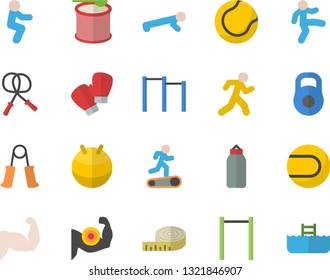 Color flat icon set weight flat vector, centimeter, muscles, skipping rope, carpal expander, parallel bars, sports pear, tennis ball, fitball, boxing gloves, Treadmill, gymnastics, squats, push up