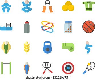 Color flat icon set weight flat vector, basketball, vitamins, skipping rope, carpal expander, parallel bars, sports pear, sport T shirt, target, pills, yoga, gymnastics, squats, pool, hoop, size
