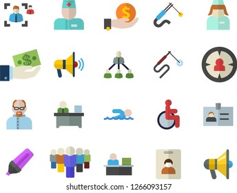 Color flat icon set welding flat vector, target audience, marker, investments, team, disabled, physician, nurse, recruitment, office worker, hierarchy, scientist, swimming, indentity card fector