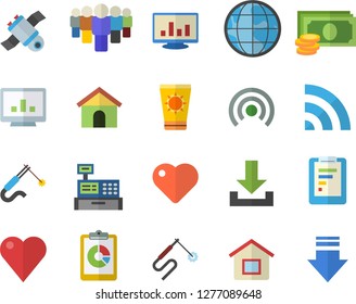 Color flat icon set welding flat vector, earth, graphic report, cash, team, machine, heart, computer chart, satellit, sun protection cream fector, house, broadcast, download