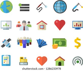 Color flat icon set welding flat vector, earth, graphic report, cash, dollar, team, machine, heart, computer chart, satellit, flippers fector, house, menu, broadcast