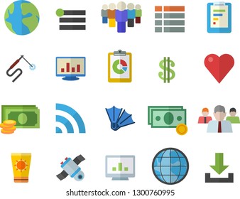 Color flat icon set welding flat vector, earth, graphic report, cash, dollar, team, heart, computer chart, satellit, sun protection cream fector, flippers, menu, broadcast, download