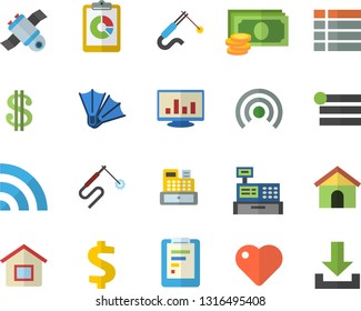 Color flat icon set welding flat vector, graphic report, cash, dollar, machine, heart, computer chart, satellit, flippers fector, house, menu, broadcast, download