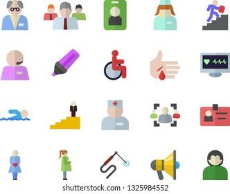 Color flat icon set welding flat vector, marker, team, computer diagnostics of health, disabled, physician, injury, gestation, nurse, recruitment, badge, phone operator, career ladder, scientist