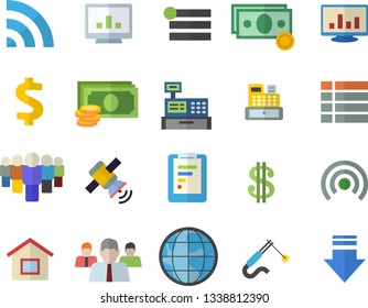 Color flat icon set welding flat vector, earth, graphic report, cash, dollar, team, machine, computer chart, satellit, house, menu, broadcast, download