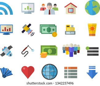 Color flat icon set welding flat vector, earth, cash, team, machine, heart, computer chart, satellit, sun protection cream fector, flippers, house, menu, broadcast, download
