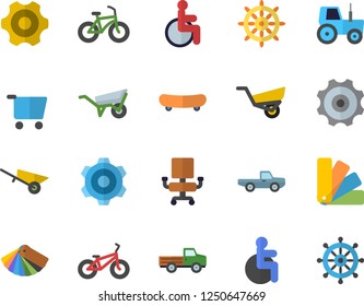 Color flat icon set wheelbarrow flat vector, cogwheel, color scheme, pickup truck, tractor, garden, grocery trolley, disabled, office chair, skateboard, bicycle, steering wheel fector