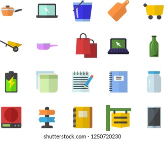 Color flat icon set wheelbarrow flat vector, saute, weighing machine, cutting board, glass jar, bucketful, battery, bottles, grocery trolley, signboard, bags, sticker, laptop, notepad, notebook