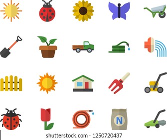 Color flat icon set wheelbarrow flat vector, fertilizer vectory, home plant, pickup truck, flower, ladybird, pitchfork, shovel, hose, fence, irrigation, tulip, house, sun, butterflies, lawn mower