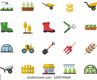 Color flat icon set wheelbarrow flat vector, ear, grain warehouse, tractor, sprinkling machine, pitchfork, shovel, fence, secateurs, garden, gumboots, seedlings, greenhouse