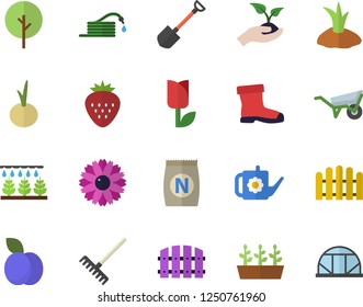 Color flat icon set wheelbarrow flat vector, onion, Strawberry, plum, fertilizer vectory, tree, flower, sprinkling machine, shovel, hose, fence, seedlings, rake, watering can, planting plants, tulip