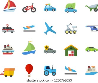 Color flat icon set wheelbarrow flat vector, tractor, eco cars, electric, autopilot, express delivery, sailboat, warehouse, ambulance, helicopter, lunar rover, bicycle, aircraft fector, car, balloon