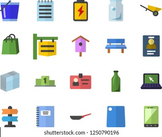 Color flat icon set wheelbarrow flat vector, frying pan, cutting board, nesting box, bucketful, bench, battery, glass bottles, signboard, bags, badge, sticker, laptop, notepad, notebook, pedestal