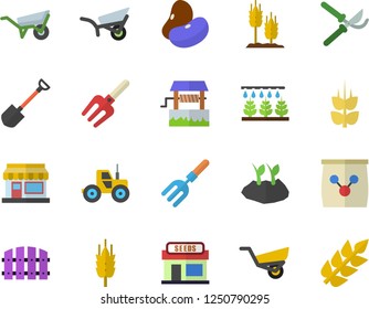 Color flat icon set wheelbarrow flat vector, legumes, ear, well, grain warehouse, tractor, sprinkling machine, pitchfork, shovel, fence, secateurs, planting plants, garden, fertilizer vectory