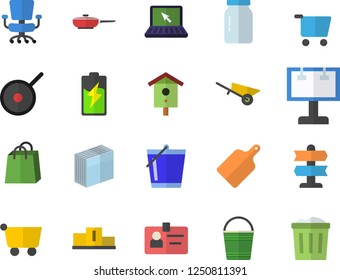Color flat icon set wheelbarrow flat vector, frying pan, teflon, cutting board, glass jar, nesting box, bucketful, battery, grocery trolley, billboard, bags, badge, office chair, sticker, laptop