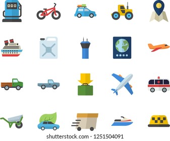 Color flat icon set wheelbarrow flat vector, pickup truck, tractor, refueling, canister, eco cars, express delivery, ambulance, bicycle, aircraft fector, car, airport tower, passport, get luggage