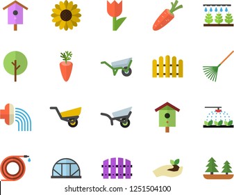 Color flat icon set wheelbarrow flat vector, carrot, nesting box, tree, flower, sprinkling machine, hose, fence, seedlings, rake, irrigation, garden, tulip, greenhouse, forest