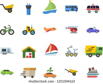 Color flat icon set wheelbarrow flat vector, tractor, garden, eco cars, electric, autopilot, trucking, express delivery, sailboat, warehouse, ambulance, helicopter, lunar rover, bicycle, trailer