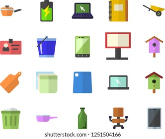 Color flat icon set wheelbarrow flat vector, saute, cutting board, nesting box, bucketful, battery, glass bottles, billboard, badge, office chair, sticker, laptop, notebook, trash can, mobile
