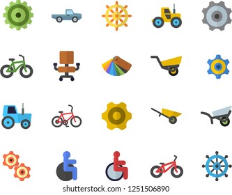 Color flat icon set wheelbarrow flat vector, cogwheel, color scheme, pickup truck, tractor, garden, disabled, office chair, bicycle, fector, steering wheel