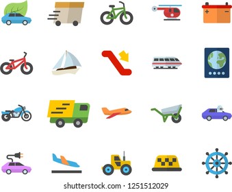 Color flat icon set wheelbarrow flat vector, tractor, accumulator, eco cars, electric, autopilot, trucking, express delivery, helicopter, bicycle, aircraft fector, train, sailboat, escalator, taxi