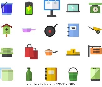 Color flat icon set wheelbarrow flat vector, saute, teflon, weighing machine, nesting box, bucketful, bench, battery, glass bottles, signboard, billboard, bags, sticker, laptop, notebook, pedestal