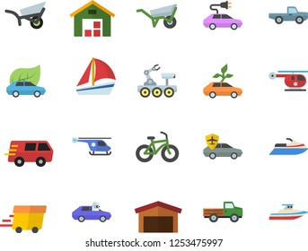 Color flat icon set wheelbarrow flat vector, pickup truck, garden, eco cars, electric, autopilot, warehouse, trucking, express delivery, sailboat, helicopter, lunar rover, bicycle, yacht