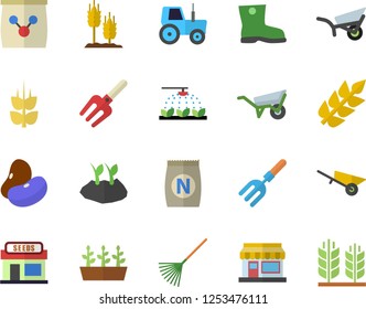 Color flat icon set wheelbarrow flat vector, legumes, ear, fertilizer vectory, grain warehouse, tractor, sprinkling machine, pitchfork, rake, planting plants, garden, gumboots, seedlings