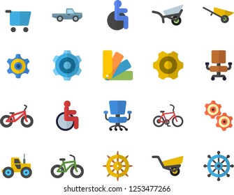 Color flat icon set wheelbarrow flat vector, cogwheel, color scheme, pickup truck, tractor, garden, grocery trolley, disabled, office chair, bicycle, fector, steering wheel